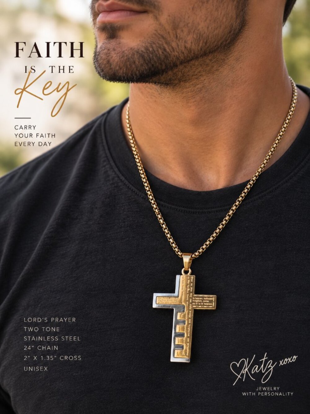 Lord's Prayer Cross Key Necklace Two Tone Stainless Steel 24" Mens Christian